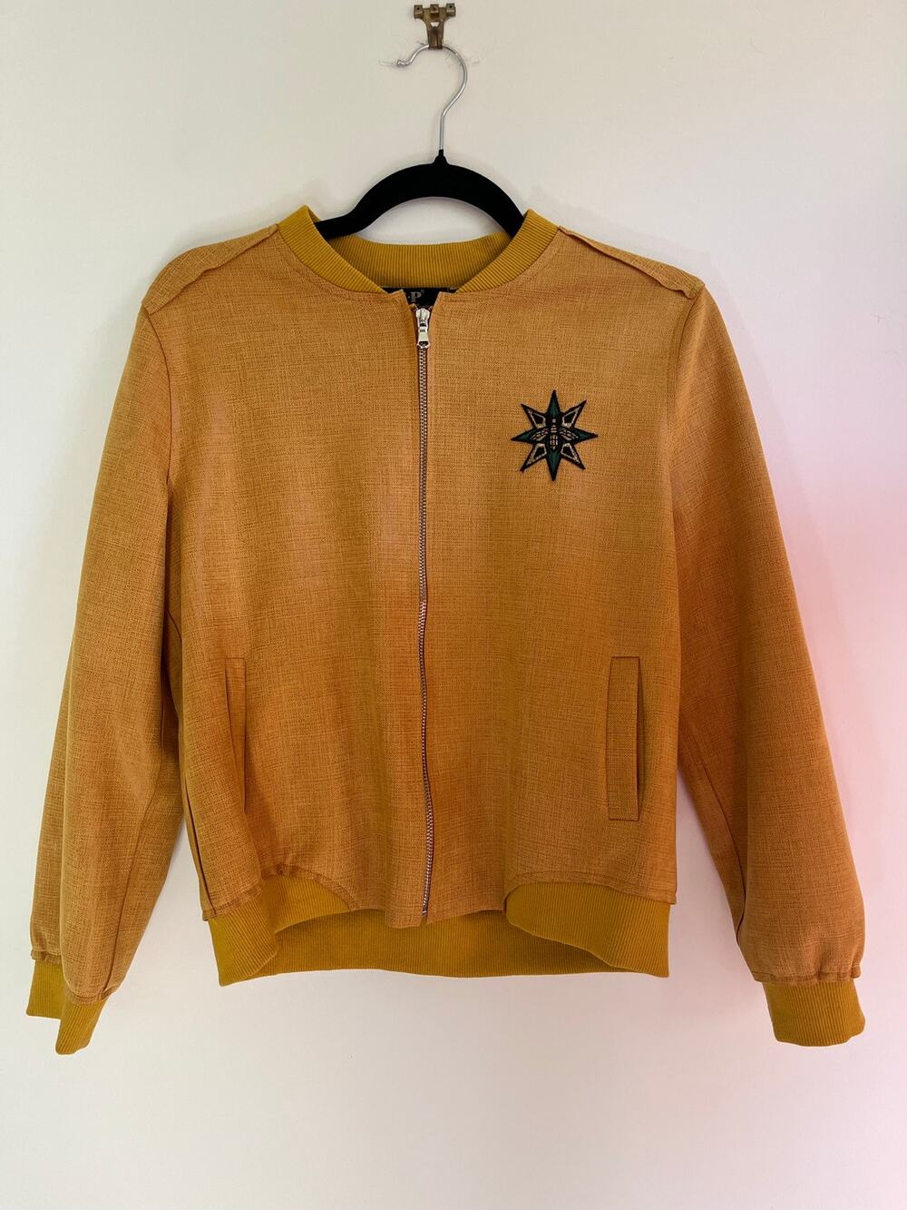 Vintage Style Mustard Yellow Bomber Jacket Starburst Patch Zip Up Sz L